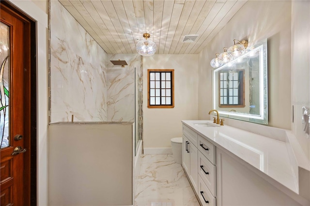 4916 Hidden Oaks Trl, Sarasota, FL 34232 - bathroom featuring a shower, vanity, toilet, marble look tile flooring, and wood ceiling