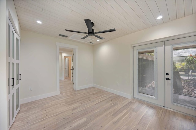 4916 Hidden Oaks Trl, Sarasota, FL 34232 - unfurnished room featuring french doors, light wood-style flooring, wooden ceiling, baseboards, and ceiling fan