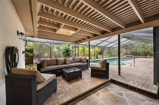 4916 Hidden Oaks Trl, Sarasota, FL 34232 - fenced backyard featuring outdoor lounge area, an outdoor pool, a patio, and glass enclosure