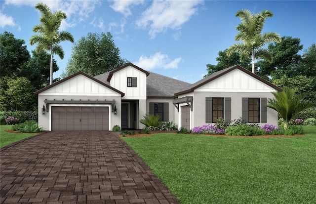 11446 Brightly Dr, Venice, FL 34293 - modern farmhouse style home featuring a shingled roof, a garage, board and batten siding, a front lawn, and decorative driveway