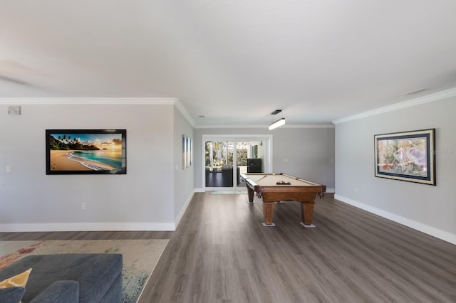 508 70th St, Holmes Beach, FL 34217 - playroom featuring baseboards, billiards, ornamental molding, visible vents, and wood finished floors