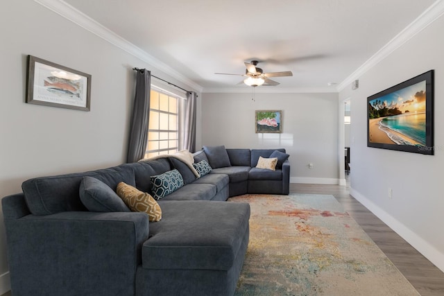 508 70th St, Holmes Beach, FL 34217 - living room featuring ceiling fan, baseboards, crown molding, and wood finished floors