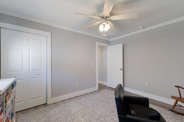 508 70th St, Holmes Beach, FL 34217 - office space with ornamental molding, baseboards, light wood-type flooring, and ceiling fan