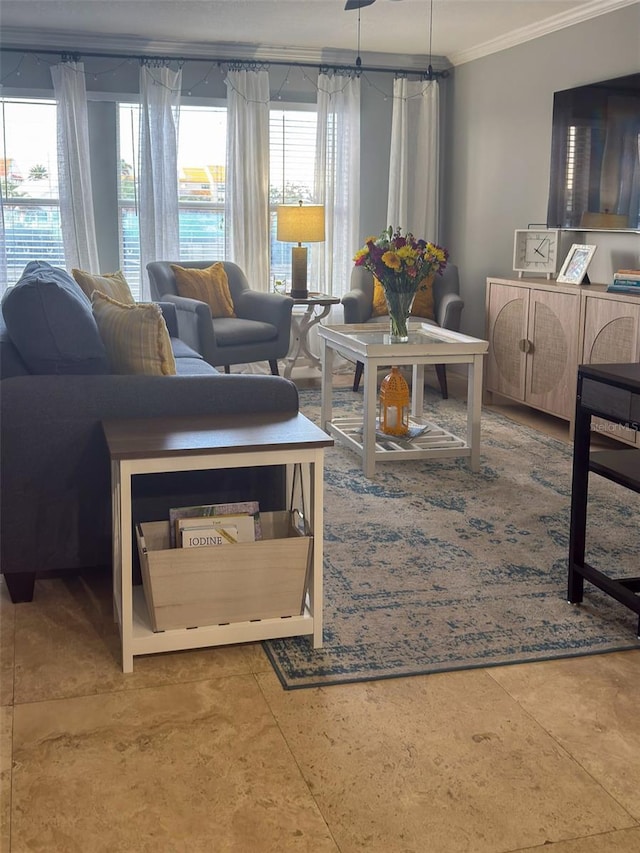 living area with ornamental molding and a wealth of natural light