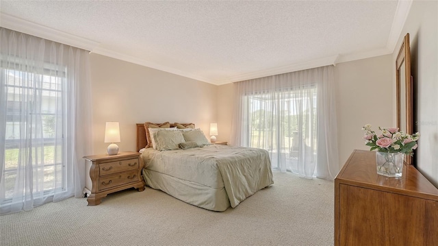 bedroom featuring access to outside, multiple windows, and light colored carpet