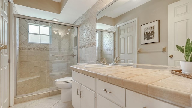 full bath featuring tile patterned floors, a stall shower, toilet, and vanity