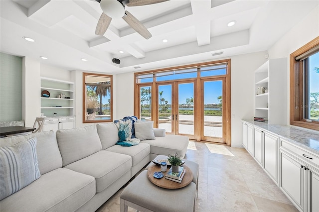 5830 Jamila River Dr, Venice, FL 34293 - living area with a ceiling fan, light tile patterned floors, coffered ceiling, visible vents, and recessed lighting