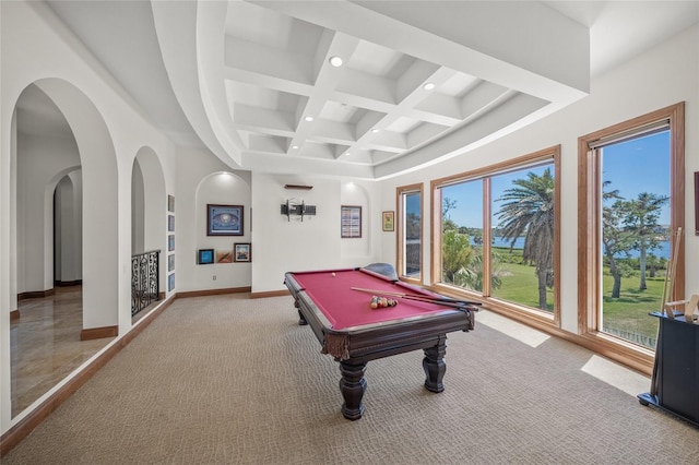 5830 Jamila River Dr, Venice, FL 34293 - rec room featuring carpet flooring, recessed lighting, coffered ceiling, beamed ceiling, and billiards
