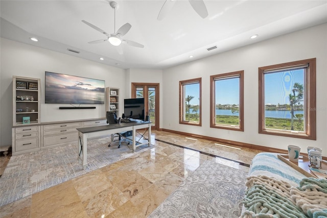 5830 Jamila River Dr, Venice, FL 34293 - home office with a ceiling fan, visible vents, and recessed lighting