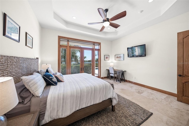 5830 Jamila River Dr, Venice, FL 34293 - bedroom featuring a ceiling fan, a raised ceiling, baseboards, access to exterior, and recessed lighting