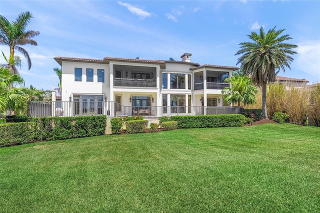 5830 Jamila River Dr, Venice, FL 34293 - rear view of house with fence, a lawn, a balcony, and stucco siding