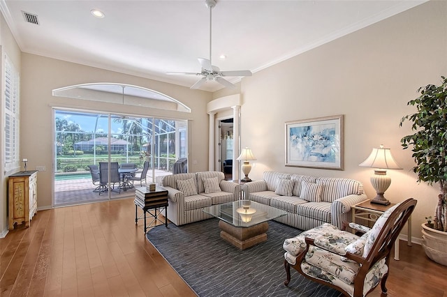 7528 Ascot Ct, Bradenton, FL 34201 - living room with a ceiling fan, plenty of natural light, wood finished floors, recessed lighting, and baseboards