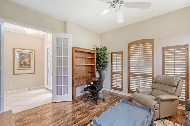 7528 Ascot Ct, Bradenton, FL 34201 - office with ceiling fan, french doors, wood finished floors, and baseboards