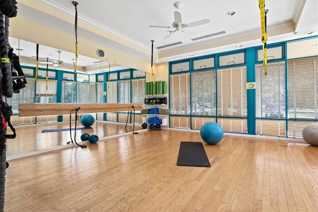 7528 Ascot Ct, Bradenton, FL 34201 - exercise room featuring a ceiling fan, a raised ceiling, crown molding, and hardwood / wood-style flooring