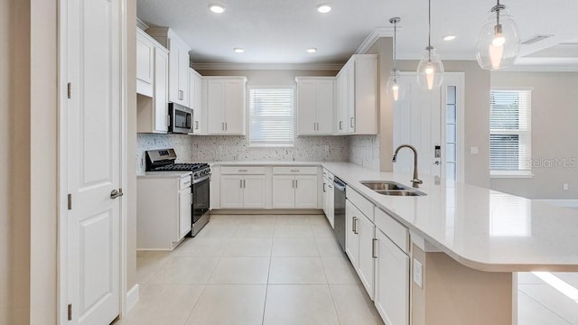 16202 Isola Pl, Bradenton, FL 34211 - kitchen with stainless steel appliances, a peninsula, a sink, healthy amount of natural light, and crown molding