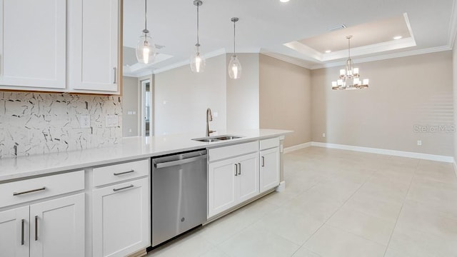 16202 Isola Pl, Bradenton, FL 34211 - kitchen featuring dishwasher, a sink, decorative backsplash, ornamental molding, and white cabinets