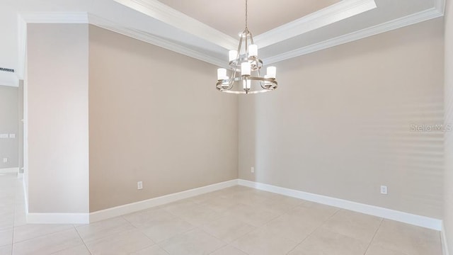 16202 Isola Pl, Bradenton, FL 34211 - unfurnished room featuring ornamental molding, a chandelier, a tray ceiling, baseboards, and light tile patterned flooring