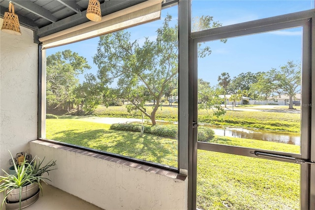 interior space with a water view
