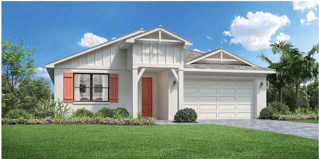 ranch-style home with a front yard, an attached garage, driveway, and stucco siding