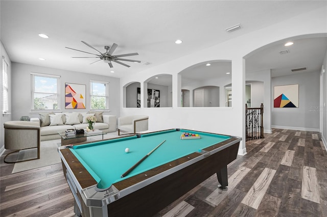 1719 Kenilworth St, Sarasota, FL 34231 - playroom featuring a ceiling fan, recessed lighting, wood finished floors, and billiards
