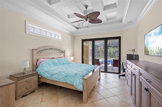 bedroom with ornamental molding, access to exterior, and multiple windows