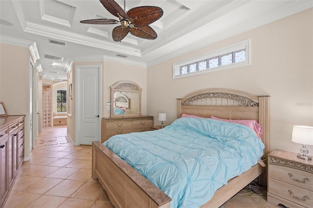 bedroom with visible vents, ornamental molding, and multiple windows