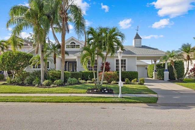 view of front facade featuring a front yard, an attached garage, and concrete driveway