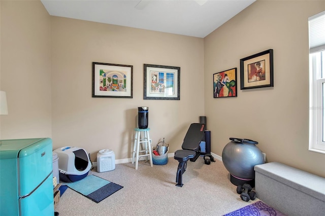 exercise area featuring carpet and baseboards