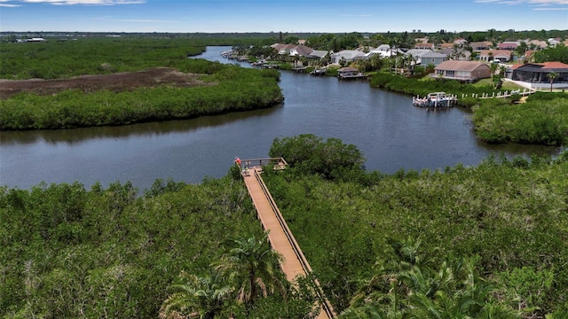 aerial view of residential area with a large body of water