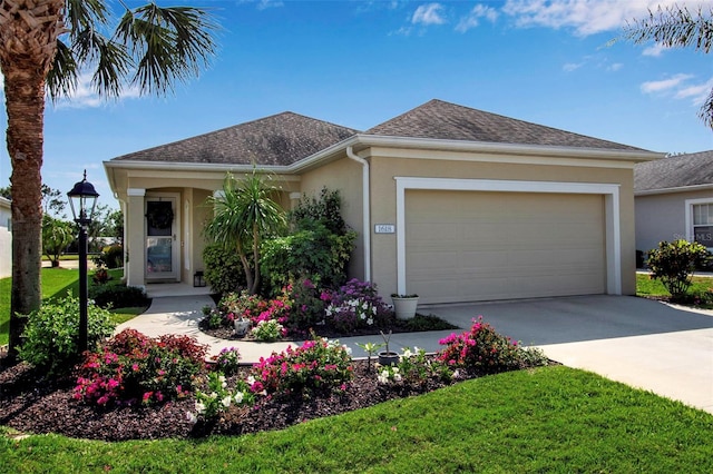 ranch-style home with stucco siding, driveway, an attached garage, and a shingled roof