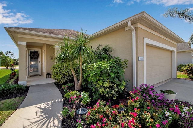 view of front of house with stucco siding, an attached garage, and concrete driveway