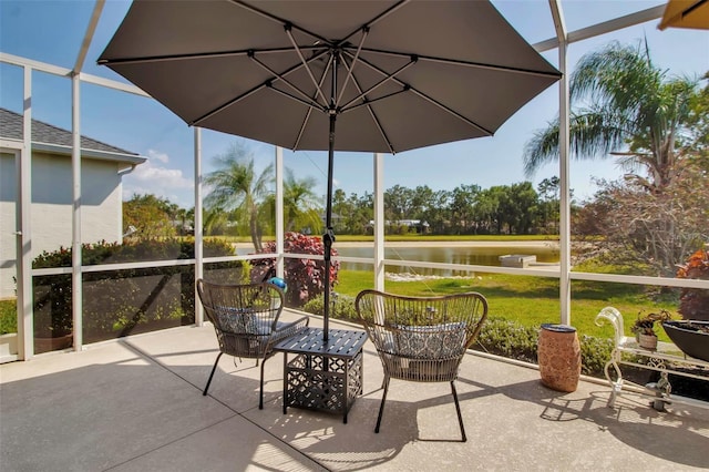 view of patio / terrace featuring a water view