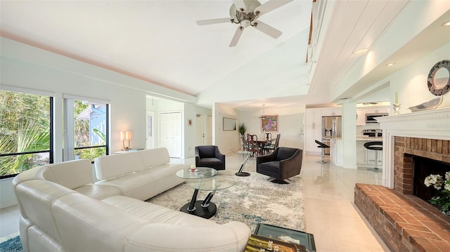 5324 Siesta Ct, Sarasota, FL 34242 - living room featuring high vaulted ceiling, a ceiling fan, a brick fireplace, and recessed lighting