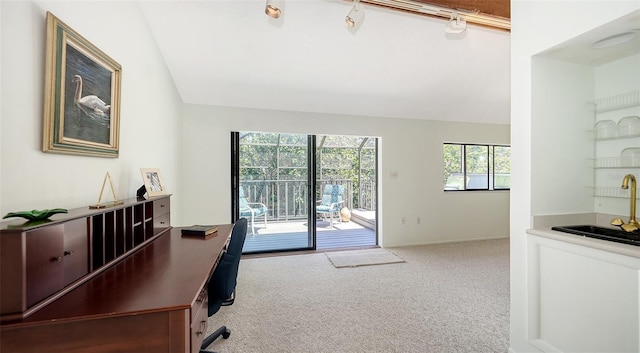 5324 Siesta Ct, Sarasota, FL 34242 - carpeted office featuring a sink, lofted ceiling, and baseboards
