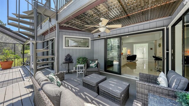 5324 Siesta Ct, Sarasota, FL 34242 - view of patio / terrace with an outdoor living space, a ceiling fan, and stairs