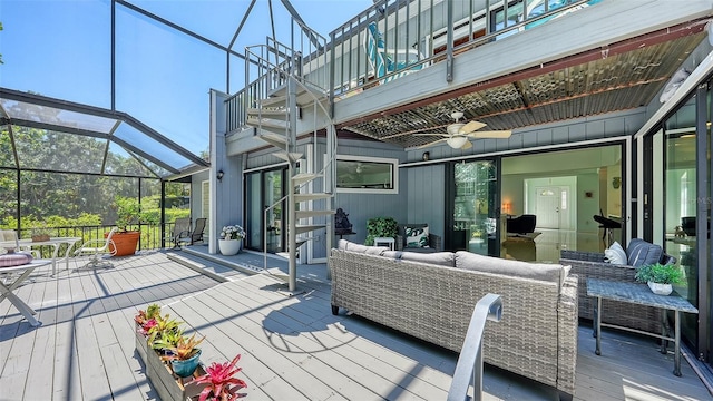 5324 Siesta Ct, Sarasota, FL 34242 - wooden terrace featuring an outdoor living space, glass enclosure, and ceiling fan