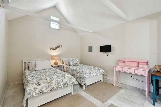 bedroom with vaulted ceiling and baseboards