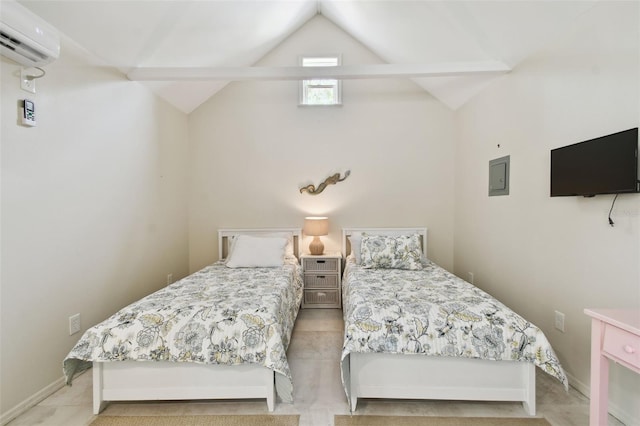 bedroom featuring vaulted ceiling, an AC wall unit, and baseboards