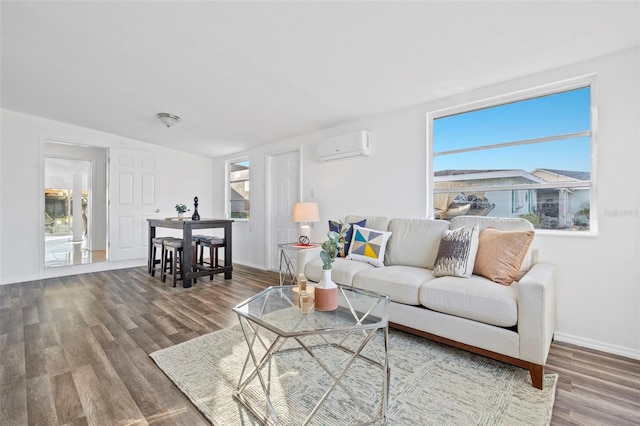221 Duxbury Ave, Port Charlotte, FL 33952 - living room with baseboards, a wall mounted air conditioner, lofted ceiling, and wood finished floors