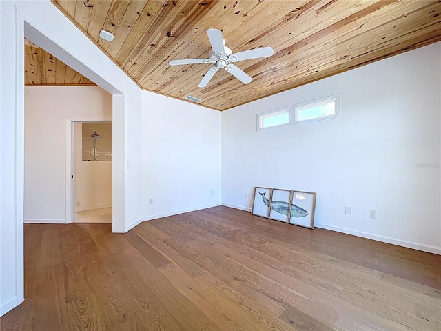 spare room with ceiling fan, baseboards, wood finished floors, and wood ceiling