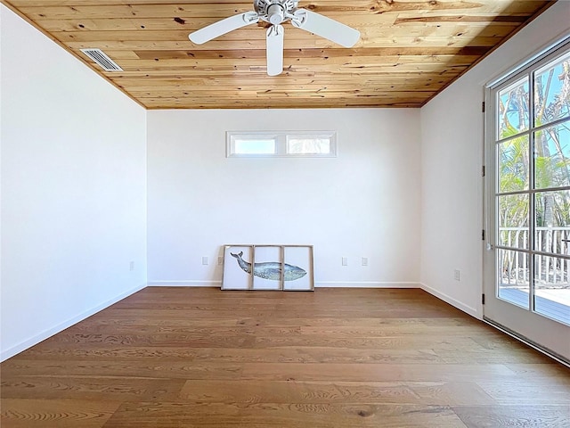 spare room with visible vents, wooden ceiling, and wood finished floors