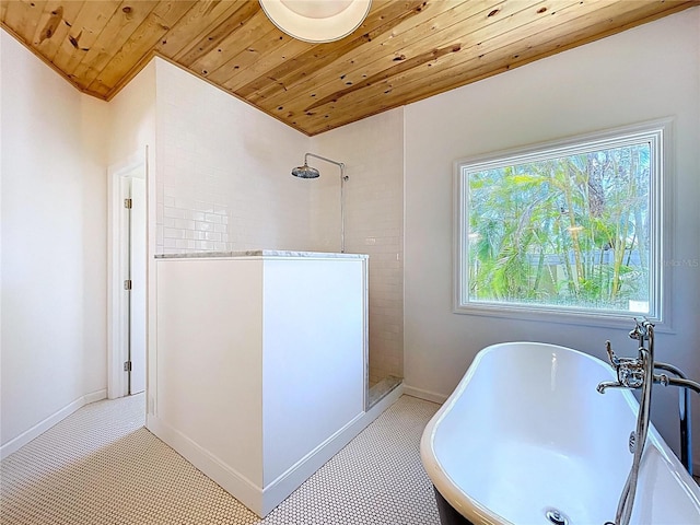 full bathroom with tiled shower, wood ceiling, and a freestanding tub