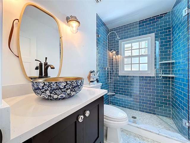 full bathroom featuring a shower stall, vanity, and toilet