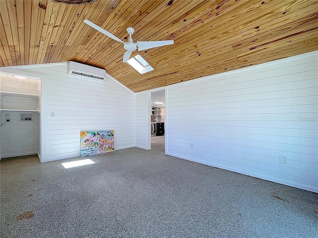 interior space with wooden walls, a wall mounted AC, lofted ceiling, and wood ceiling
