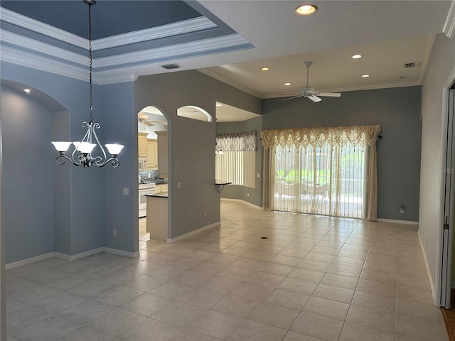3312 92nd Ave E, Parrish, FL 34219 - spare room with ceiling fan, crown molding, light tile patterned floors, arched walkways, and a chandelier
