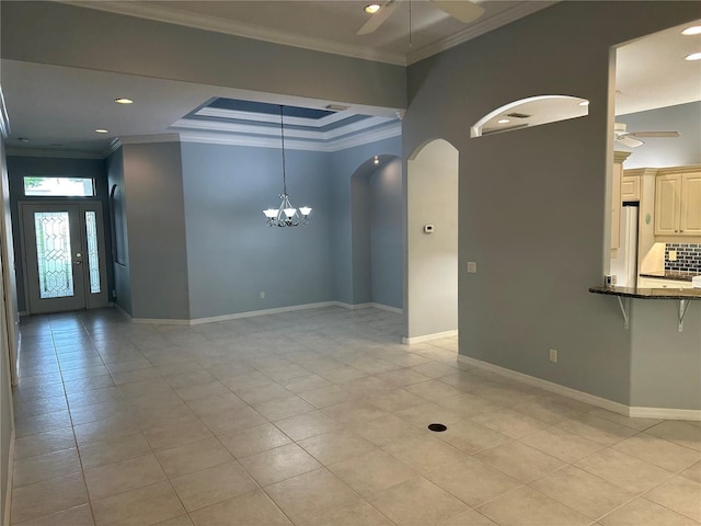 3312 92nd Ave E, Parrish, FL 34219 - unfurnished living room featuring a ceiling fan, arched walkways, a chandelier, crown molding, and light tile patterned floors