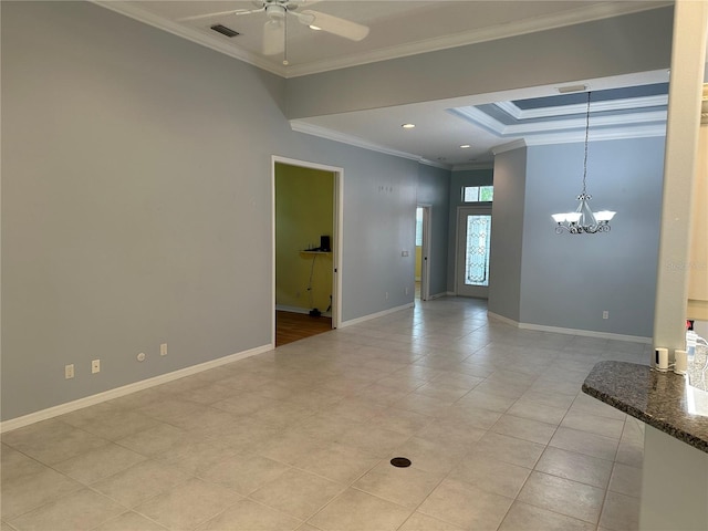 3312 92nd Ave E, Parrish, FL 34219 - unfurnished room featuring ceiling fan, ornamental molding, a chandelier, light tile patterned floors, and recessed lighting
