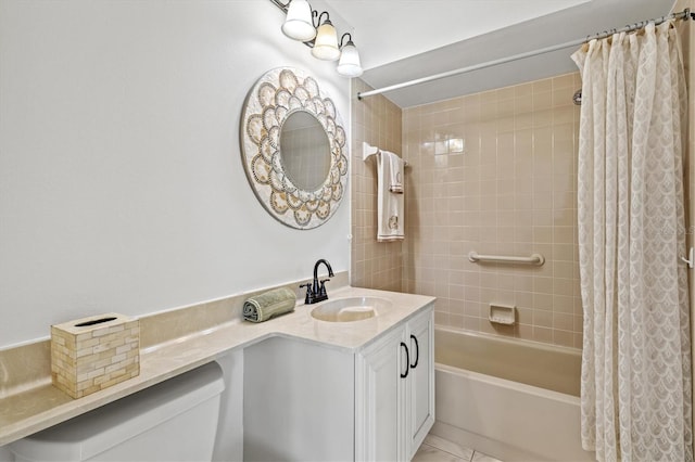 full bathroom with tile patterned floors, toilet, vanity, and shower / bath combination with curtain