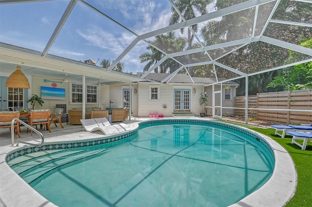 1960 Lincoln Dr, Sarasota, FL 34236 - view of swimming pool featuring a fenced in pool, ceiling fan, french doors, a patio, and an outdoor living space