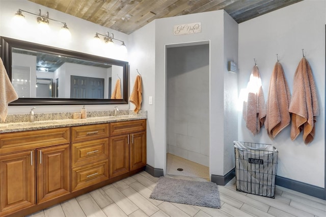 23088 Allen Ave, Port Charlotte, FL 33980 - bathroom with double vanity, walk in shower, wooden ceiling, and wood tiled floors